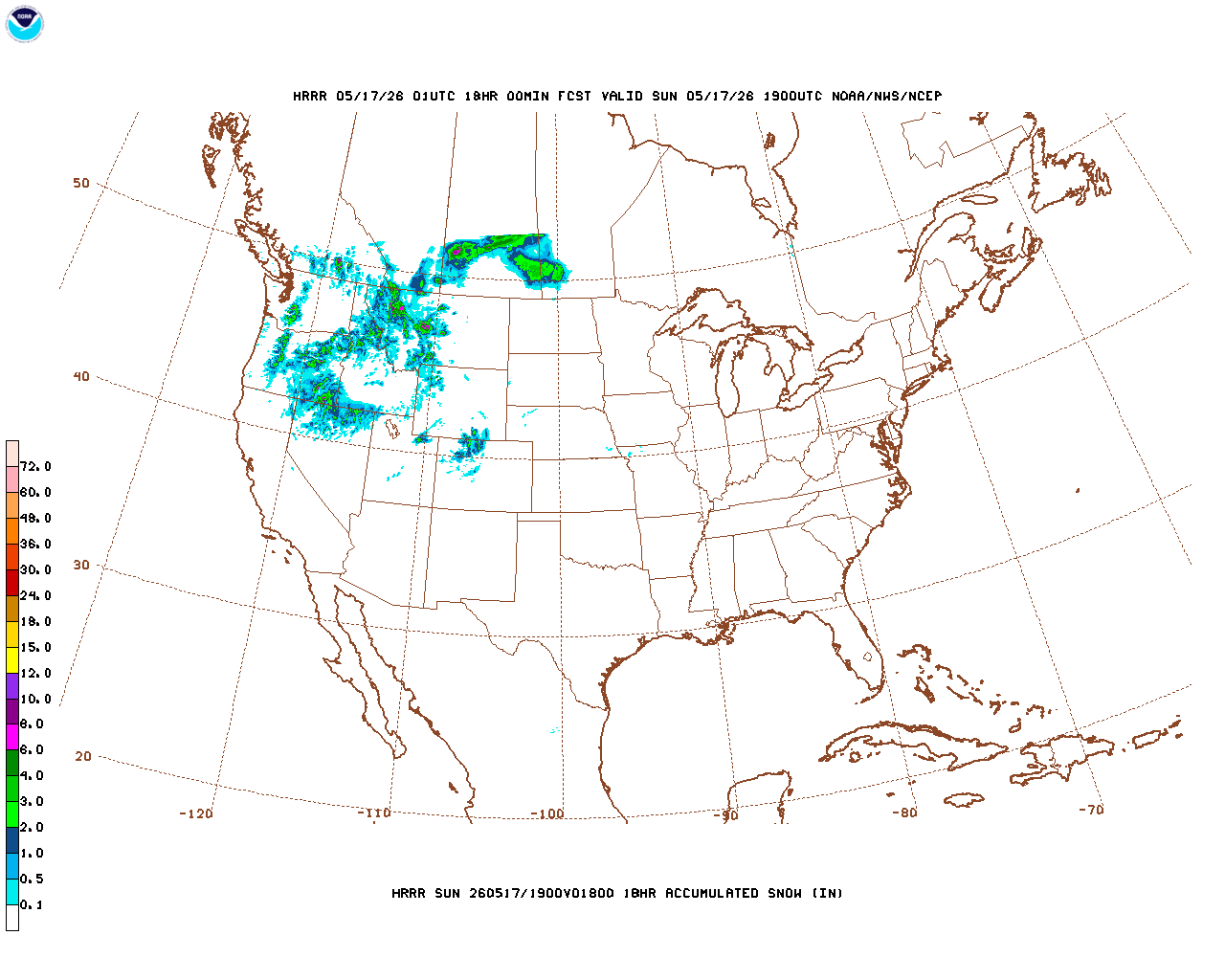 Click to enlarge the hourly snow forecast Latest 18 hour total precipitation forecast