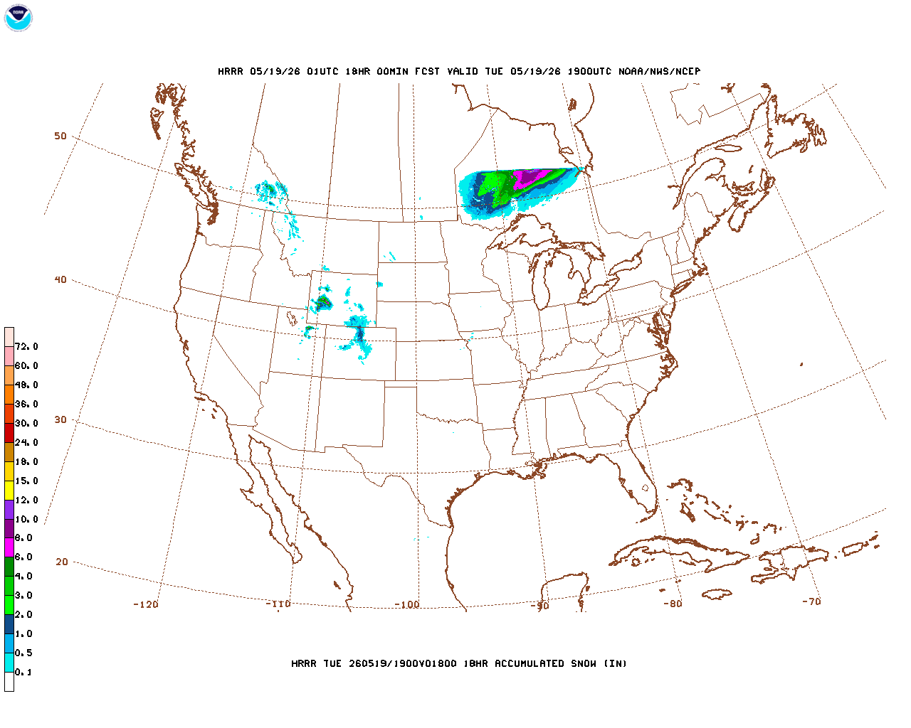 Click to enlarge the hourly snow forecast Latest 18 hour total precipitation forecast