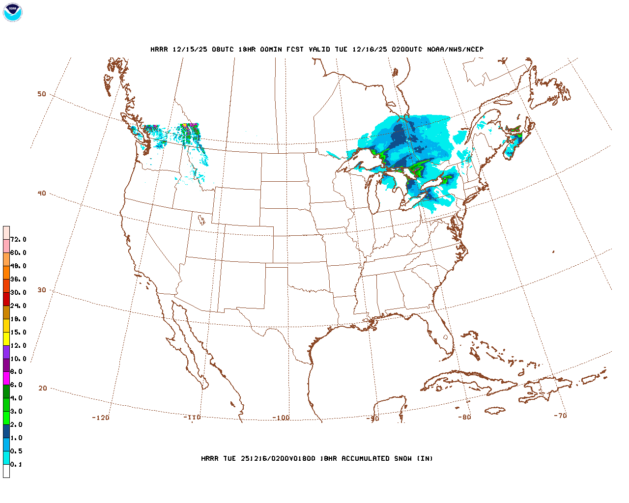 Click to enlarge the hourly snow forecast Latest 18 hour total precipitation forecast