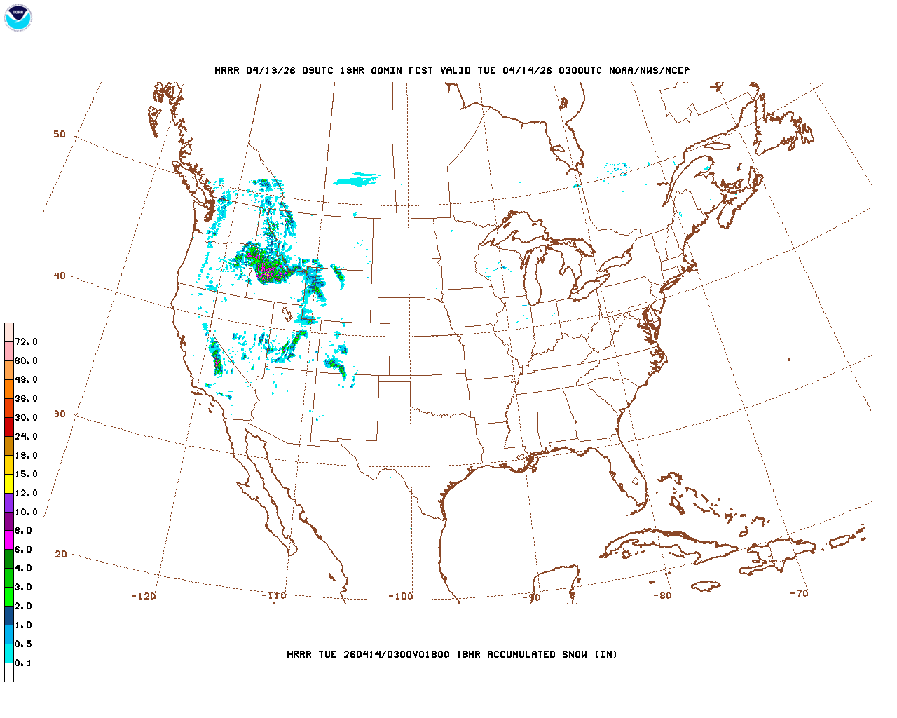 Click to enlarge the hourly snow forecast Latest 18 hour total precipitation forecast