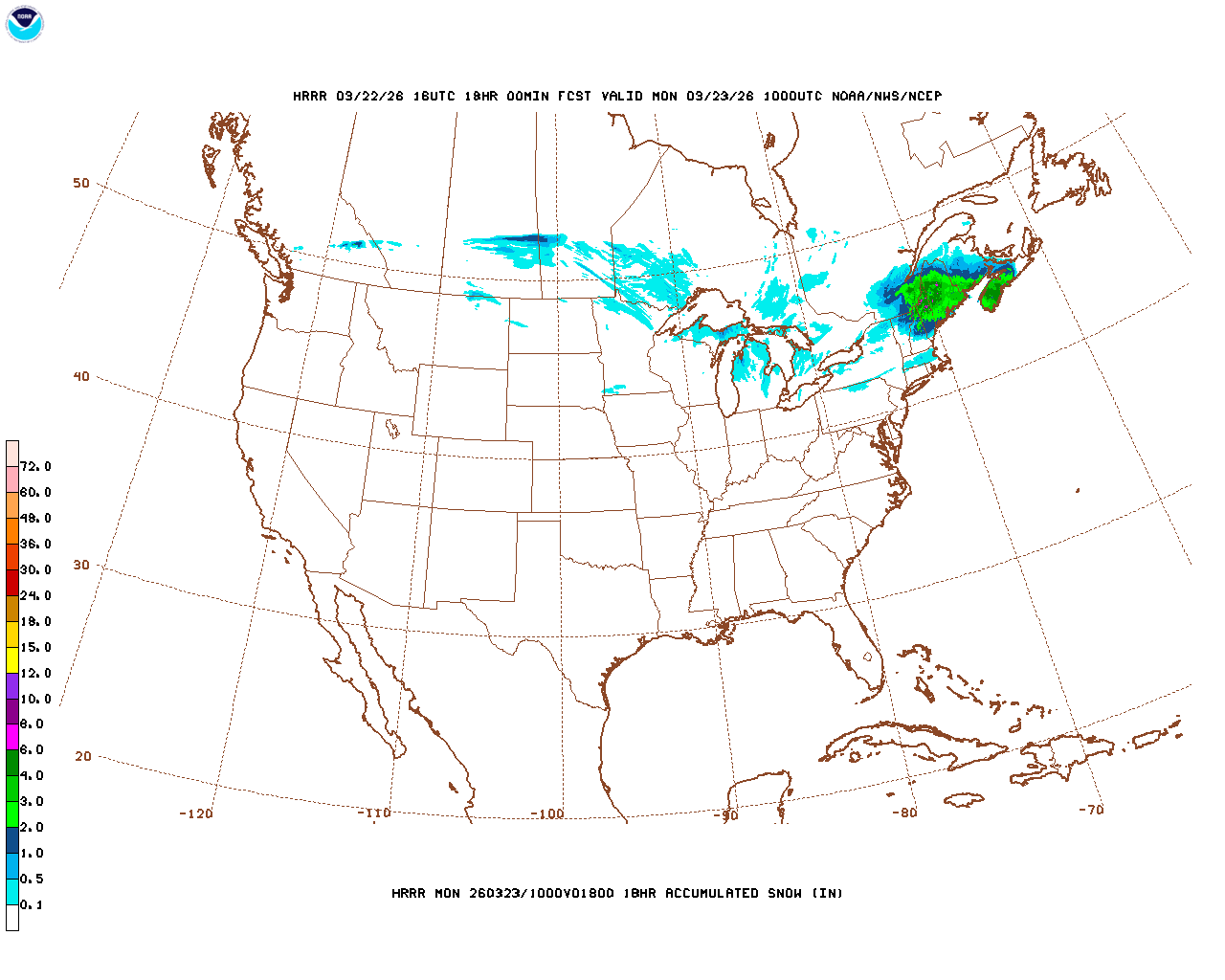 Click to enlarge the hourly snow forecast Latest 18 hour total precipitation forecast