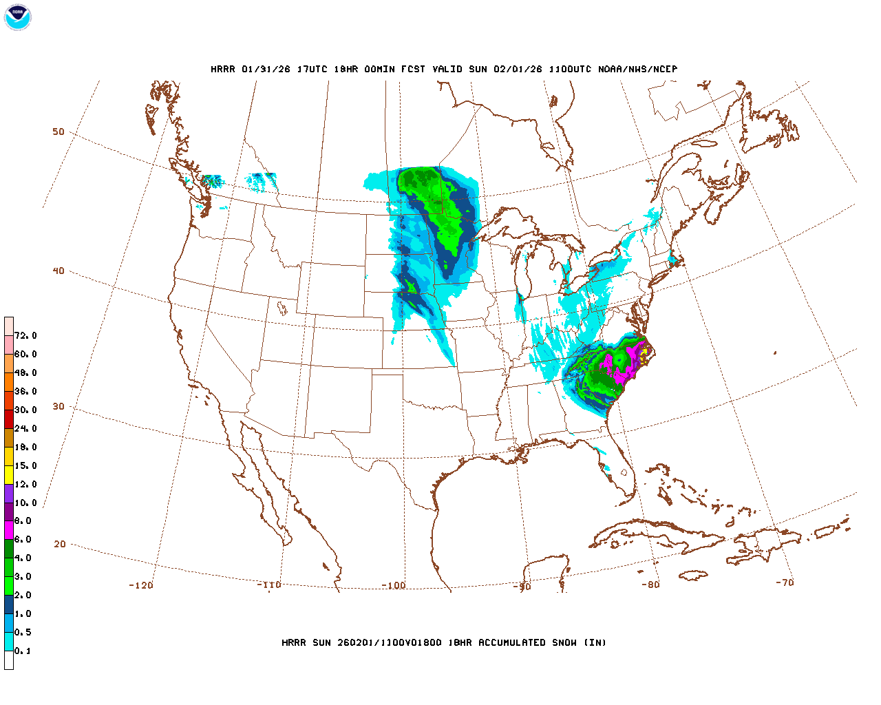 Click to enlarge the hourly snow forecast Latest 18 hour total precipitation forecast
