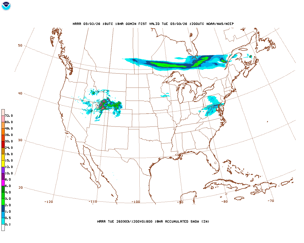 Click to enlarge the hourly snow forecast Latest 18 hour total precipitation forecast