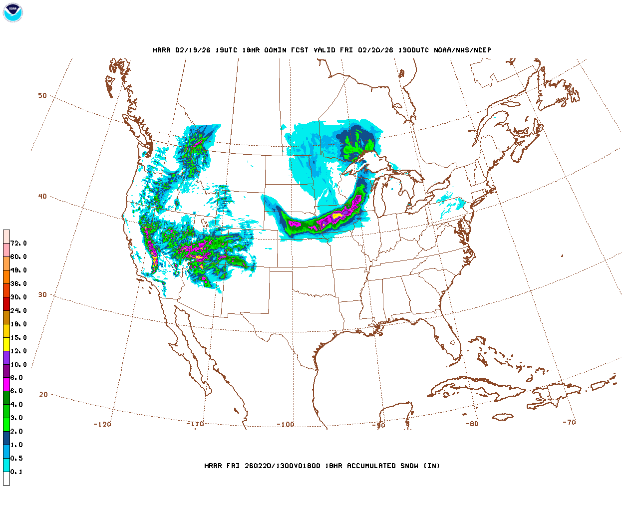 Click to enlarge the hourly snow forecast Latest 18 hour total precipitation forecast