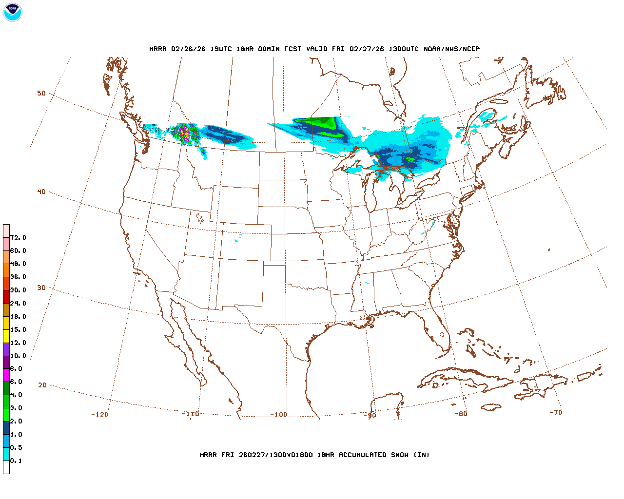 Click to enlarge the hourly snow forecast Latest 18 hour total precipitation forecast