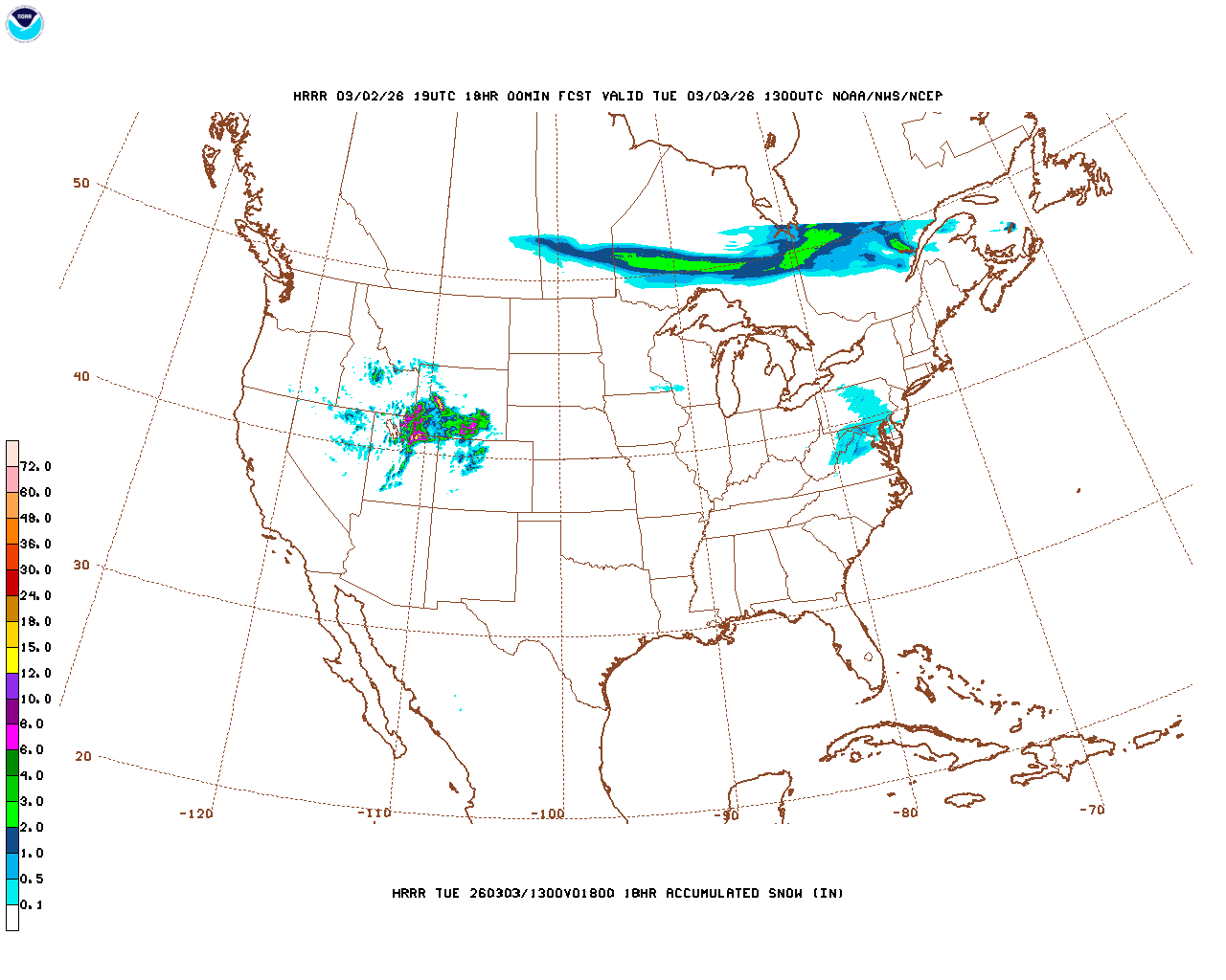 Click to enlarge the hourly snow forecast Latest 18 hour total precipitation forecast