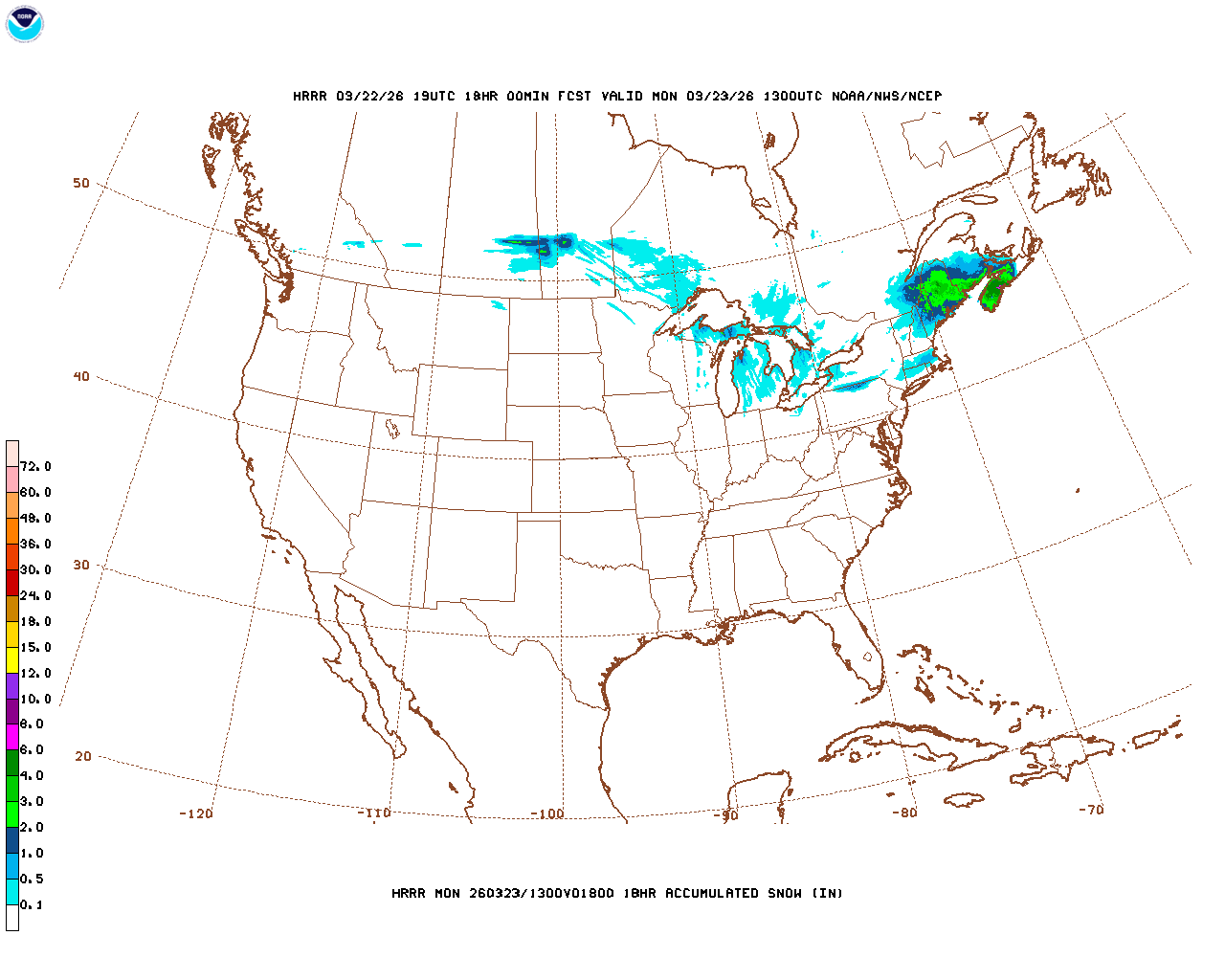 Click to enlarge the hourly snow forecast Latest 18 hour total precipitation forecast